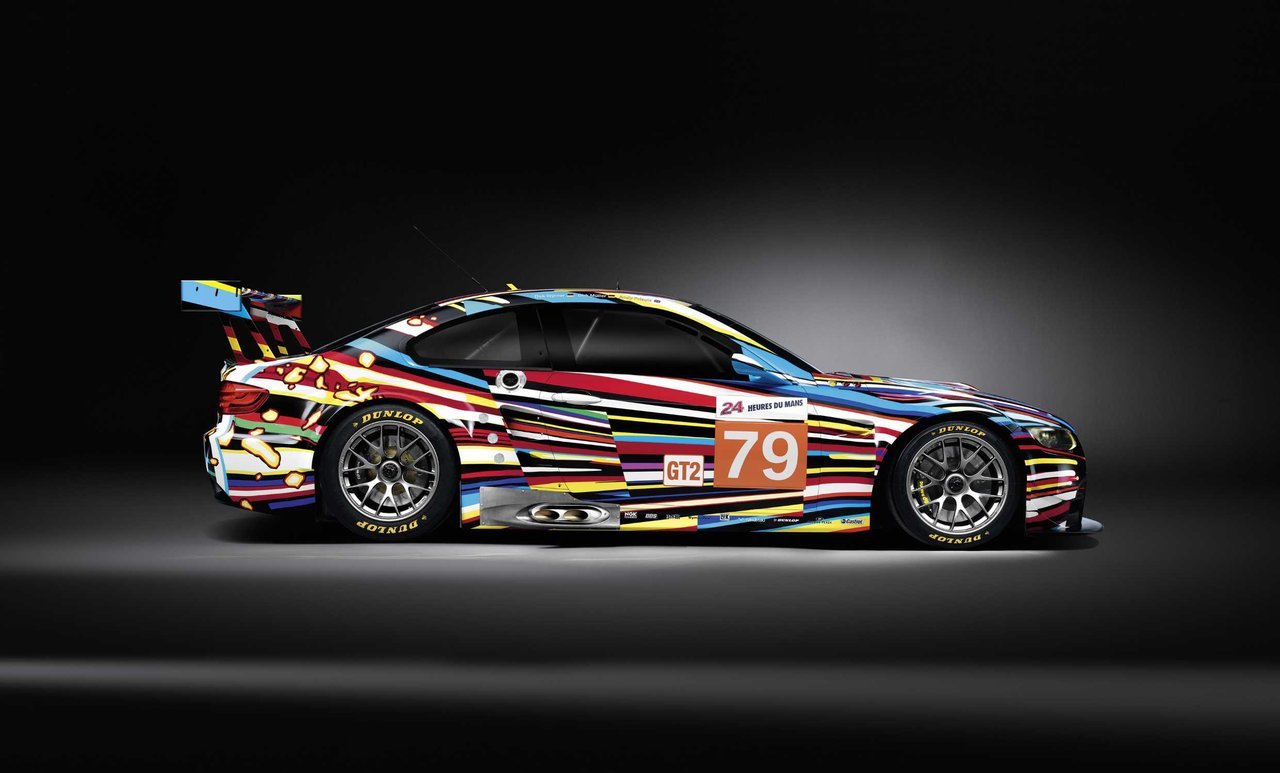 Bold colourful horizontal strips create a cartoonish effect of motion on Jeff Koons' BMW collaboration.