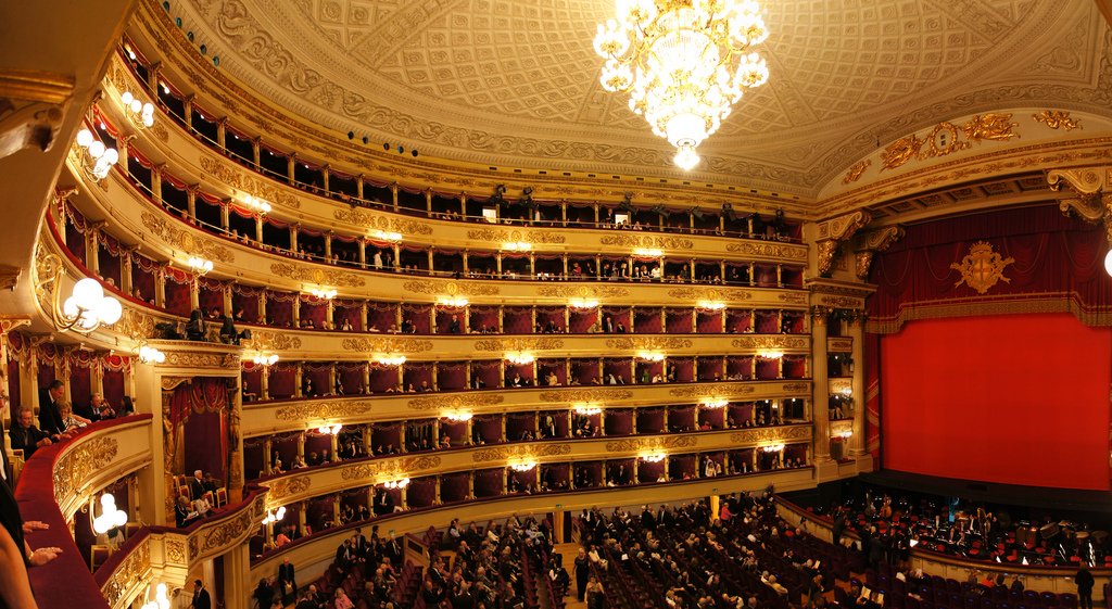 Looking up onto the red-and-gold plated balcony of the Teatro alla Scala