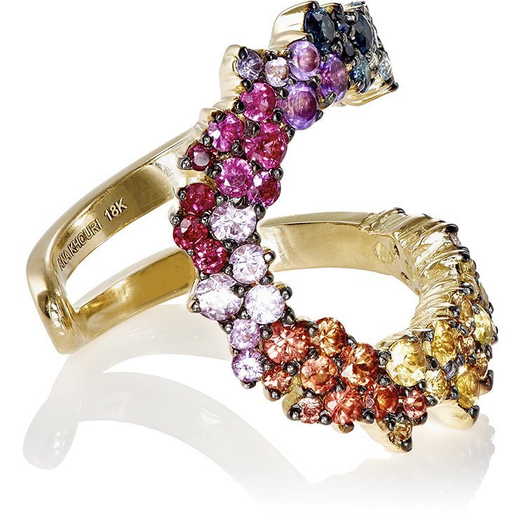 Ana Khouri geometric cuff ring made from 18k gold, white diamonds, and a rainbow of multicolored sapphires